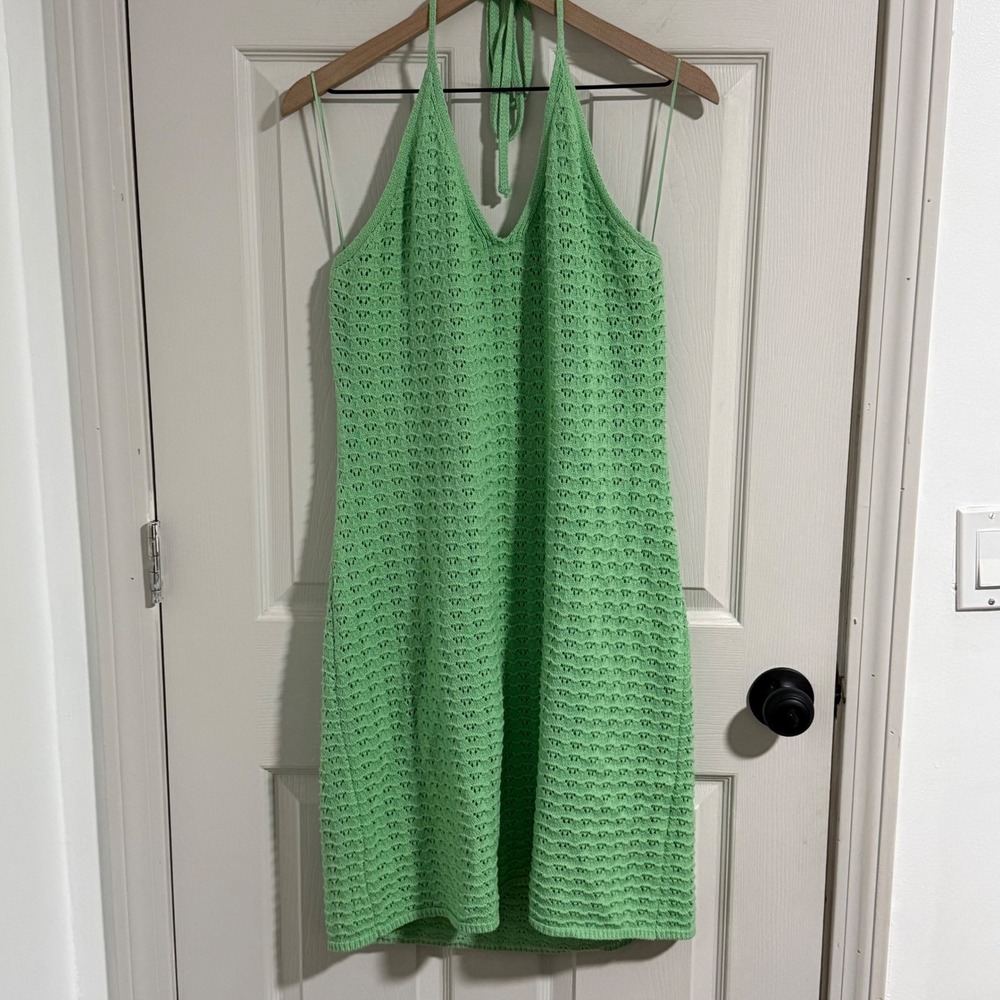 Freshman Crochet Mini Dress Women XXL Lime Green Halter Sleeveless Boho Festival